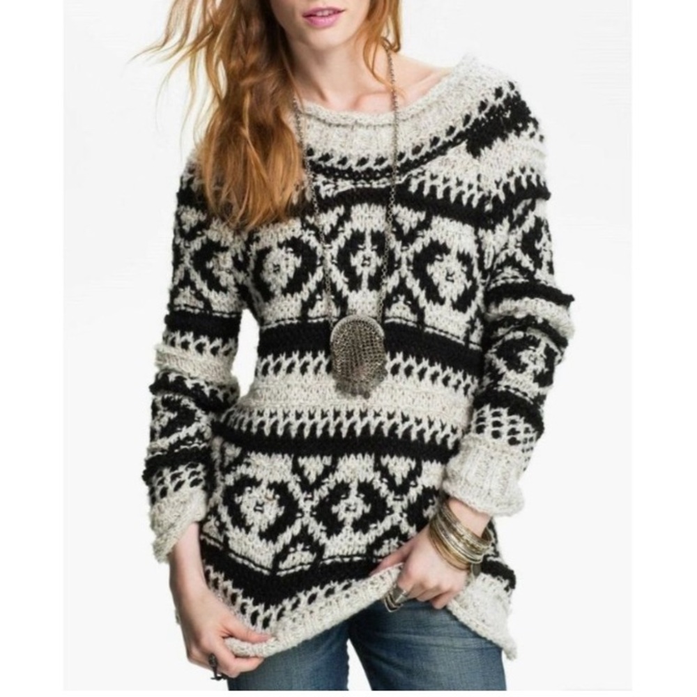 Free People Wool Alpaca Mohair Blend Knit Fair Isle Chunky Knit Sweater Size XS